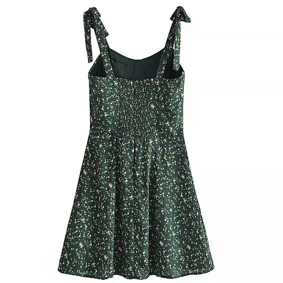 Green Floral Sweetheart Neck Chiffon Dress with Ribbon Straps - Picture 12 of 16